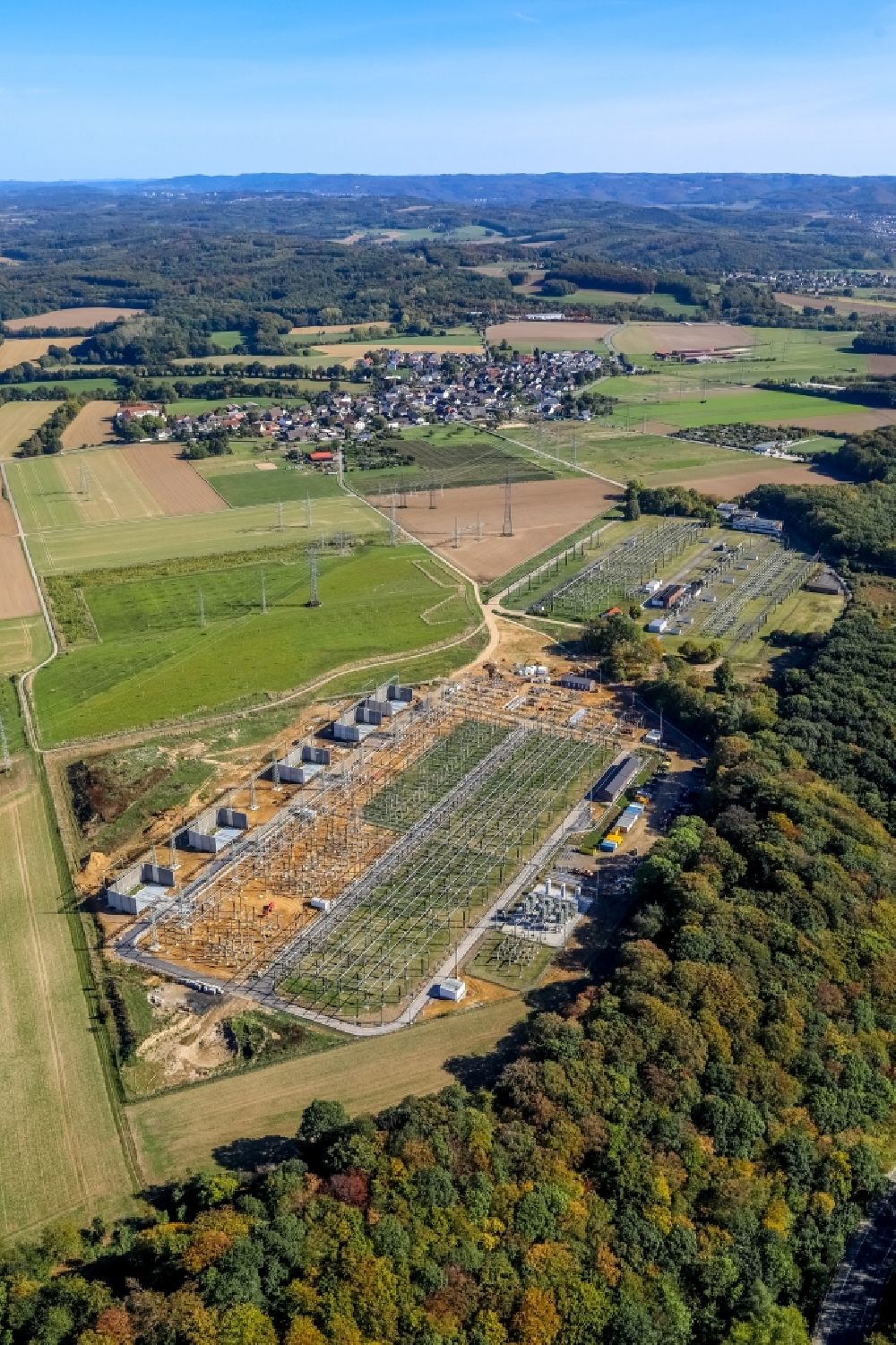 Garenfeld from above - Site of the substation for voltage conversion and electrical power supply in Garenfeld in the state North Rhine-Westphalia, Germany
