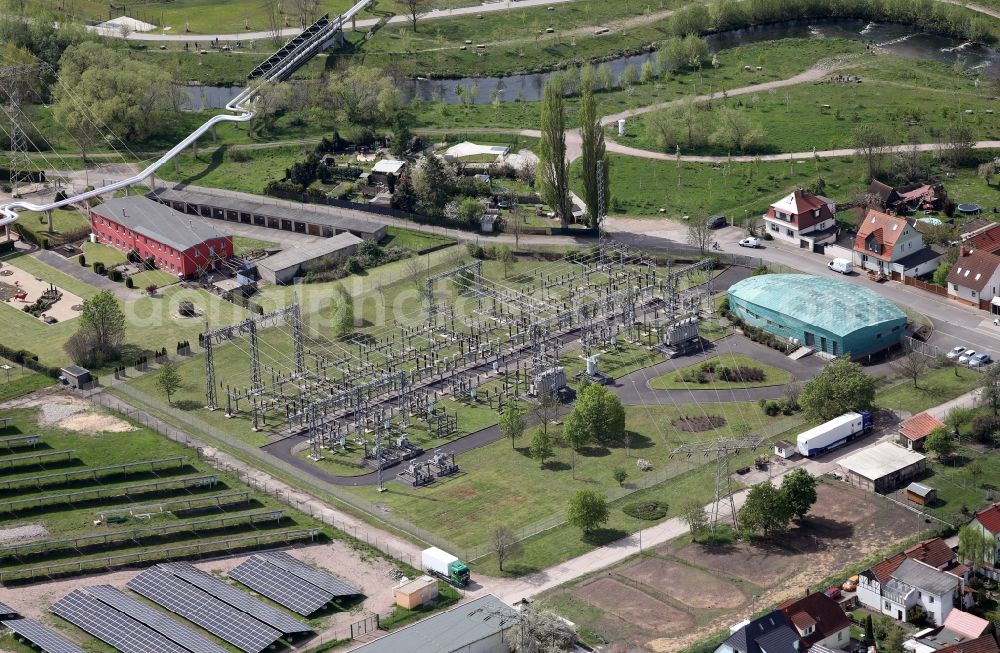 Aerial image Erfurt - Site of the substation for voltage conversion and electrical power supply Gispersleben on Zeulenrodaer Strasse in the district Gispersleben in Erfurt in the state Thuringia, Germany