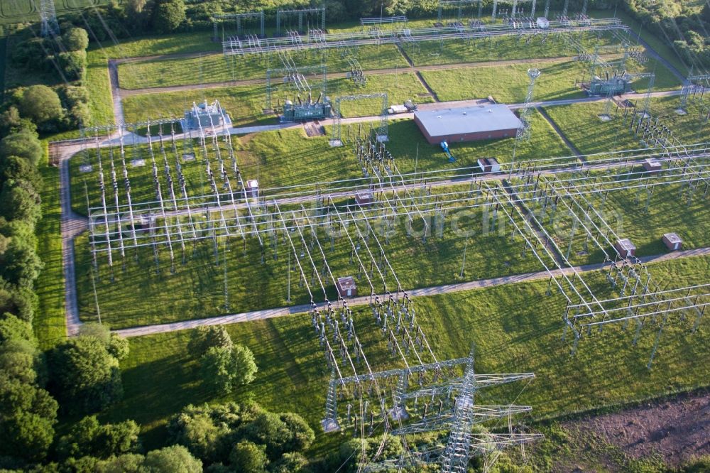 Emmerthal from above - Site of the substation for voltage conversion and electrical power supply of Kernkraftwerk Grohnde in Emmerthal in the state Lower Saxony, Germany