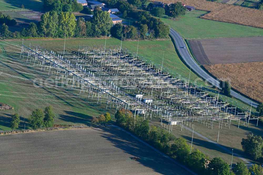 Lippborg from above - Site of the substation for voltage conversion and electrical power supply on street Dolberger Strasse in Lippborg at Ruhrgebiet in the state North Rhine-Westphalia, Germany