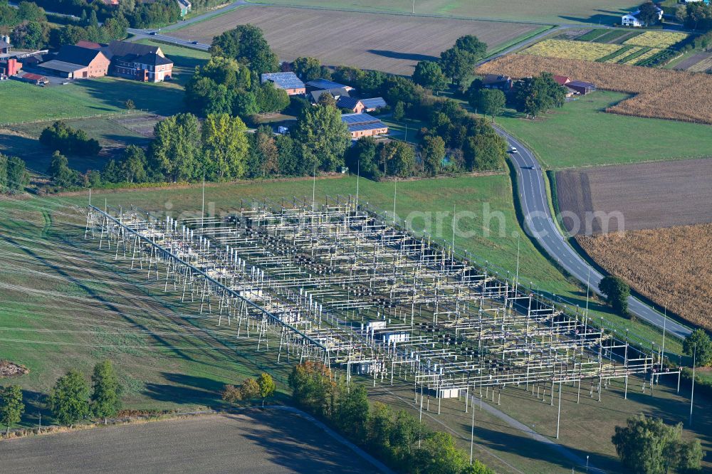 Lippborg from the bird's eye view: Site of the substation for voltage conversion and electrical power supply on street Dolberger Strasse in Lippborg at Ruhrgebiet in the state North Rhine-Westphalia, Germany