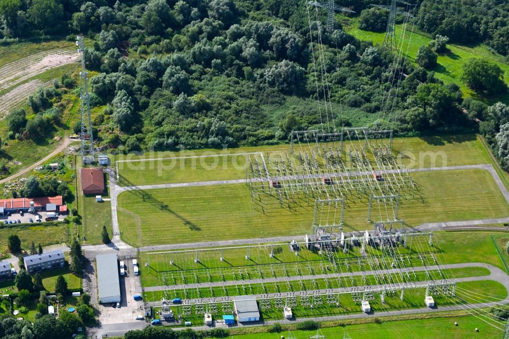 Schwerin from above - Site of the substation for voltage conversion and electrical power supply in the district Goerries in Schwerin in the state Mecklenburg - Western Pomerania, Germany