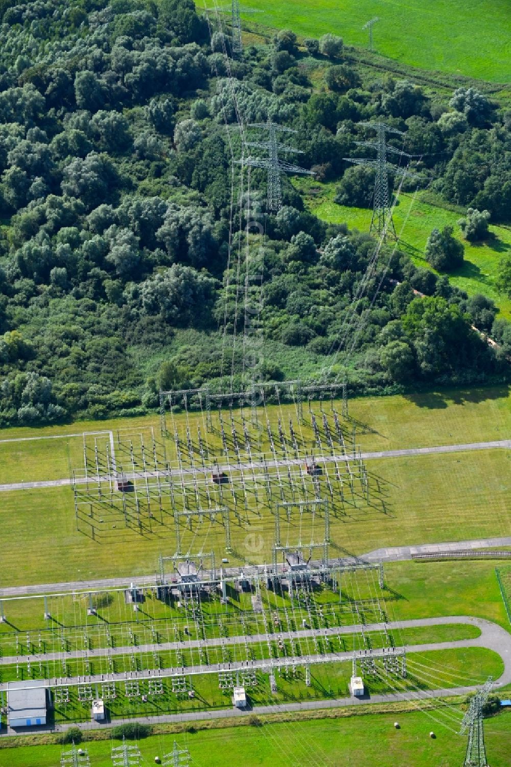 Aerial image Schwerin - Site of the substation for voltage conversion and electrical power supply in the district Goerries in Schwerin in the state Mecklenburg - Western Pomerania, Germany