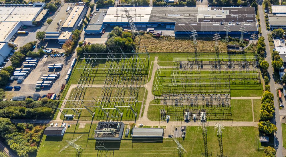 Unna from above - Site of the substation for voltage conversion and electrical power supply on street Heisenbergstrasse in Unna at Ruhrgebiet in the state North Rhine-Westphalia, Germany