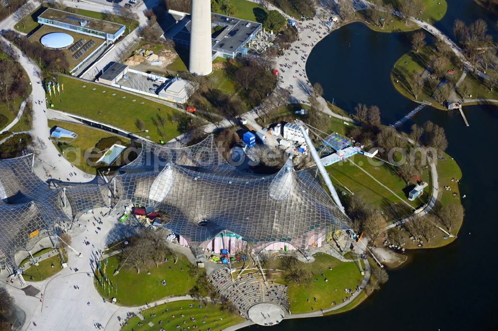 München from above - Area of a??a??the event venue Theatron at the Olympic Lake in the Olympia Park in the district Milbertshofen-Am Hart in Munich in the state Bavaria, Germany