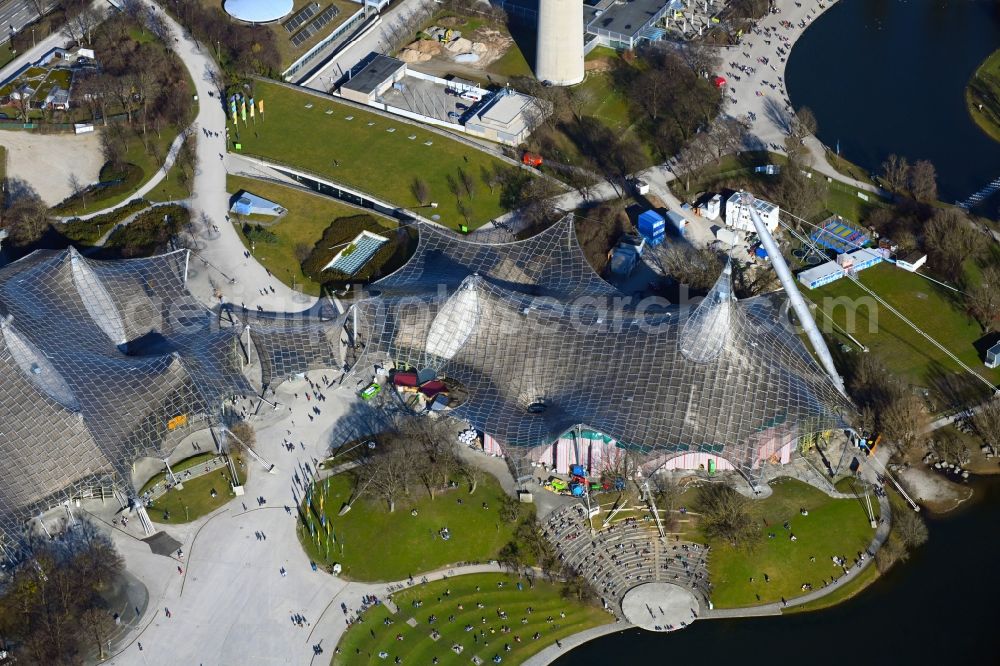 München from the bird's eye view: Area of a??a??the event venue Theatron at the Olympic Lake in the Olympia Park in the district Milbertshofen-Am Hart in Munich in the state Bavaria, Germany