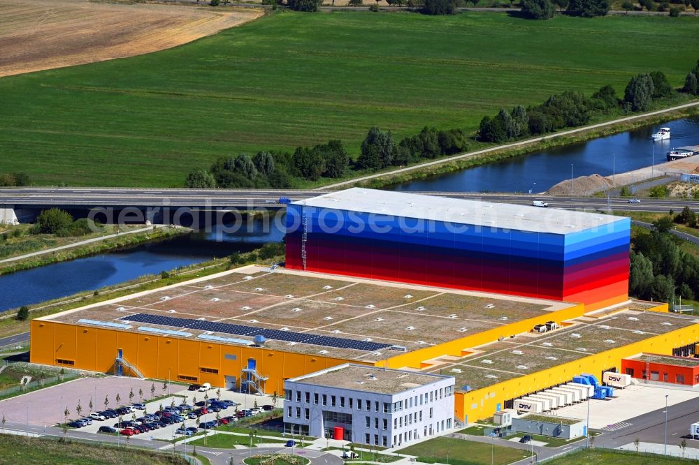 Aerial photograph Wustermark - High-bay warehouse building complex and logistics center on the premises dm VZ Verteilerzentrum in Wustermark in the state Brandenburg, Germany