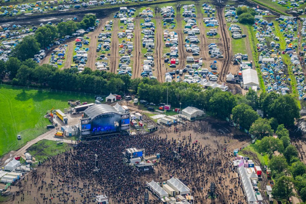 Wacken from above - Participants in the Wacken music festival on the event concert area in Wacken in the state Schleswig-Holstein, Germany