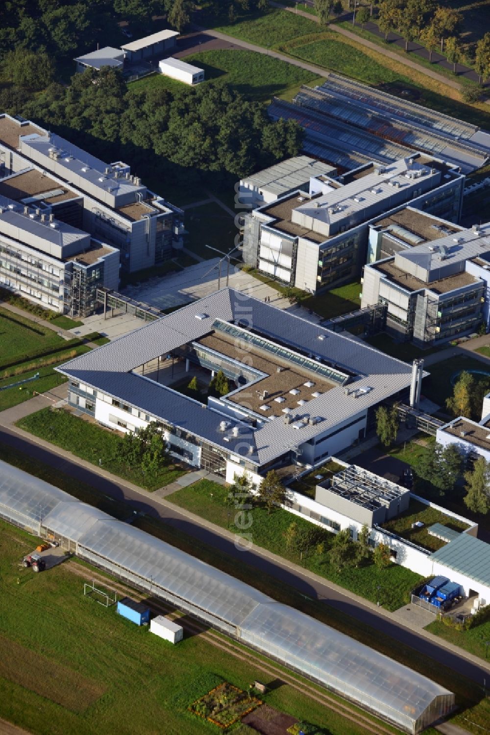 Potsdam from above - View at the site of the Max Planck Society for the Advancement of Science at the science park in the district Golm in Potsdam in the federal state of Brandenburg. The Max Planck Institute for Molecular Plant Physiology, the MPI of Colloids and Interfaces, the MPI for Gravitational Physics and the MPI guest house are located here