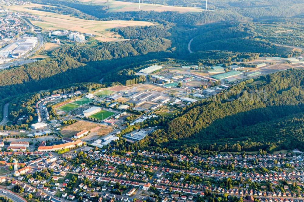 Pirmasens from above - Building complex of the former US- then German army - Bundeswehr military barracks Husterhoehe in Pirmasens in the state Rhineland-Palatinate, Germany