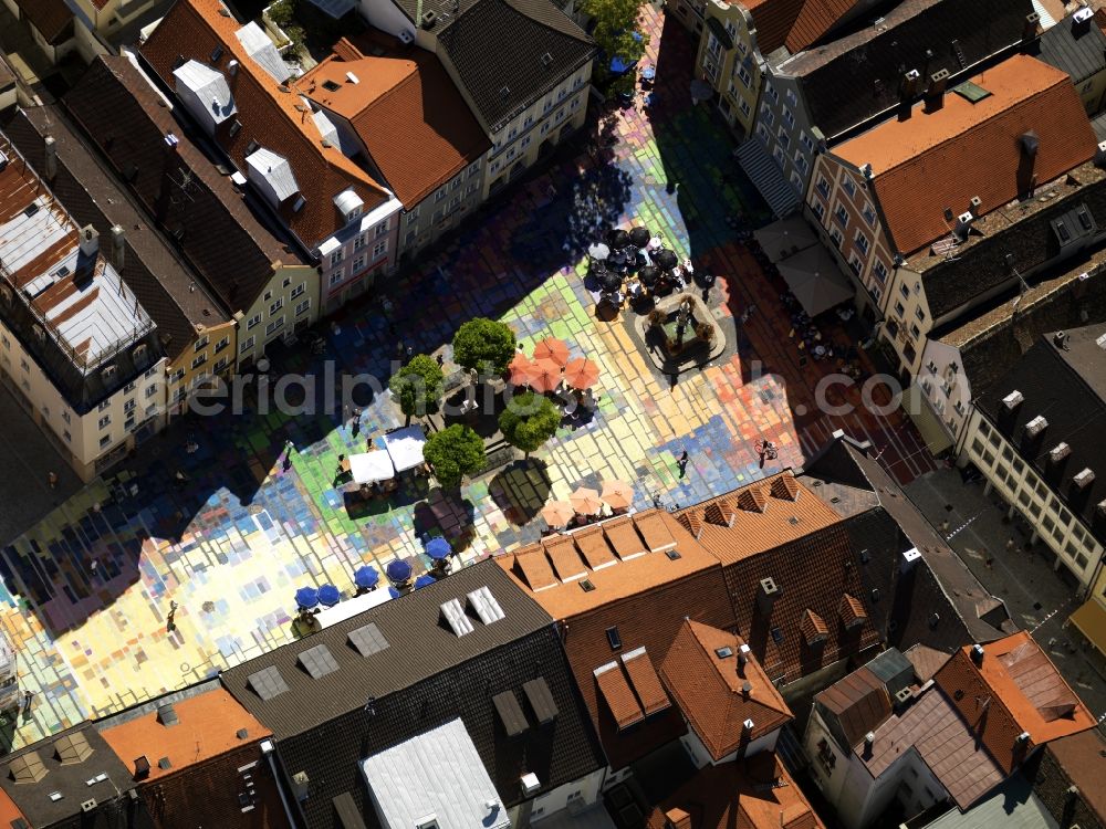 Aerial photograph Weilheim - Kandinsky painted Cityscape on colored paving stones of the square in Weilheim in Bavaria. Attention! Only for editorial use!