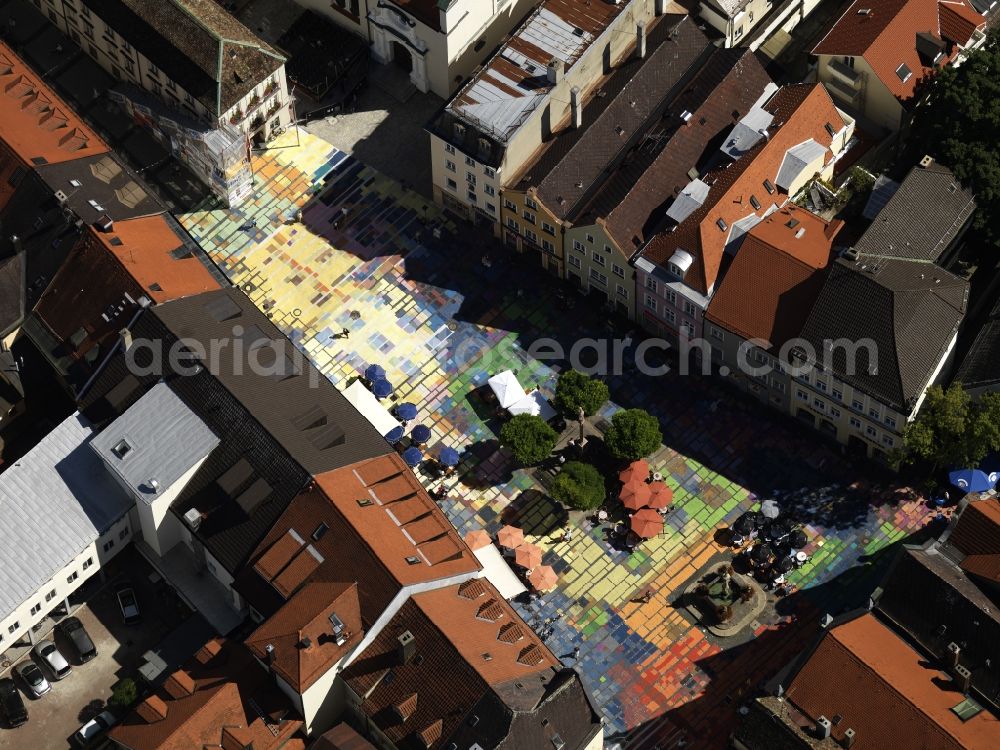 Weilheim from above - Kandinsky painted Cityscape on colored paving stones of the square in Weilheim in Bavaria. Attention! Only for editorial use!