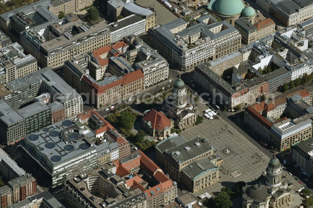 Berlin from above - Place area Gendarmenmarkt with the building ensemble German and French Cathedral, Schauspielhaus in Berlin Mitte