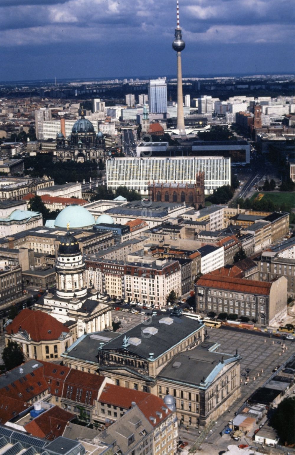 Berlin from above - Place area Gendarmenmarkt with the building ensemble German and French Cathedral, Schauspielhaus in Berlin Mitte