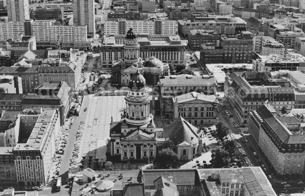 Berlin from the bird's eye view: Gendarmenmarkt with the ensemble of buildings German and French Cathedral, Schauspielhaus in the Mitte district in Berlin, Germany