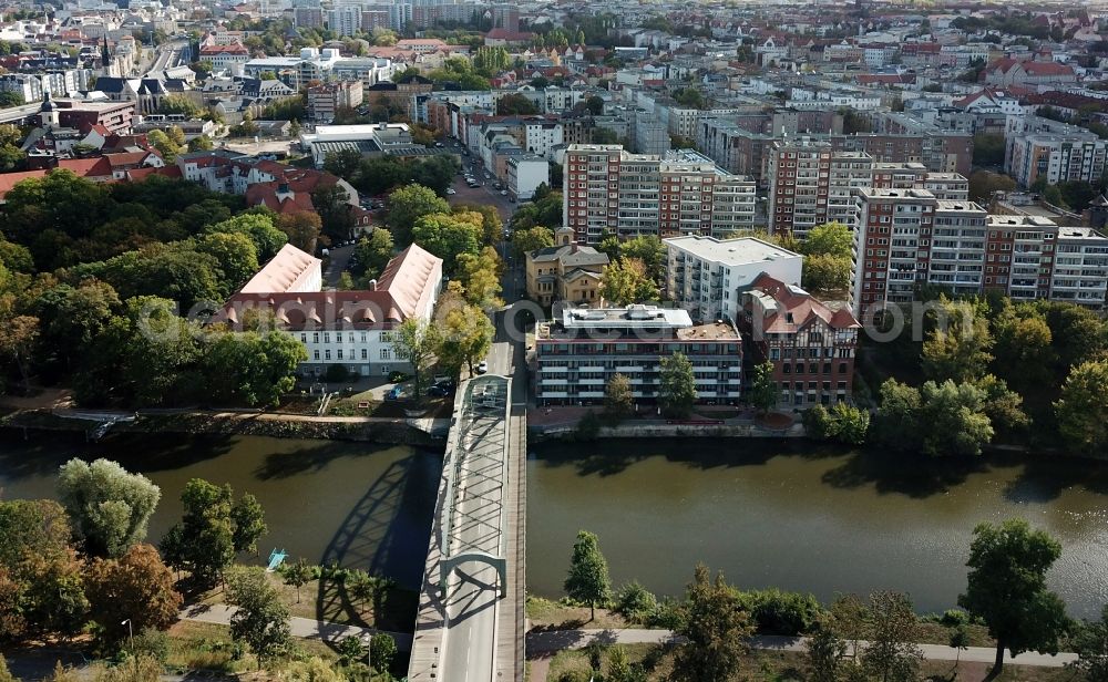 Halle (Saale) from above - View of the Saale river on Genzmer bridge and the Glaucha district in Halle (Saale) in the federal state of Saxony-Anhalt