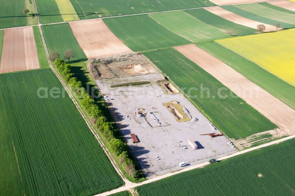 Herxheimweyher from above - Construction site of geo themral power plants and exhaust towers of thermal power station in Herxheimweyher in the state Rhineland-Palatinate, Germany