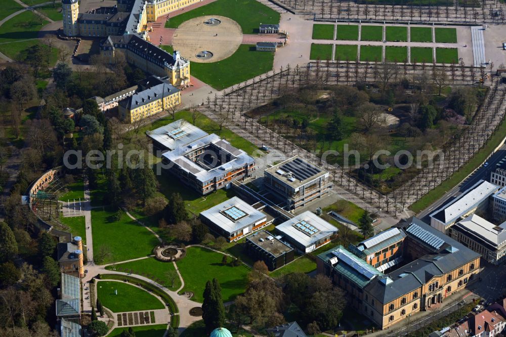 Karlsruhe from above - Court- Building complex of the Bundesverfassungsgericht on Schlossbezirk in Karlsruhe in the state Baden-Wurttemberg, Germany