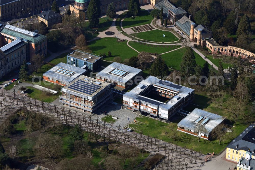Karlsruhe from above - Court- Building complex of the Bundesverfassungsgericht on Schlossbezirk in Karlsruhe in the state Baden-Wurttemberg, Germany