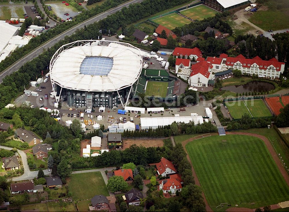 Aerial photograph Halle / Westfalen - The Gerry Weber Stadium in Halle (Westfalen) is a multi-purpose arena. Originally designed for the ATP tennis tournament Gerry Weber Open lawn tennis stadium as a venue has a two part closeable roof in 88 seconds