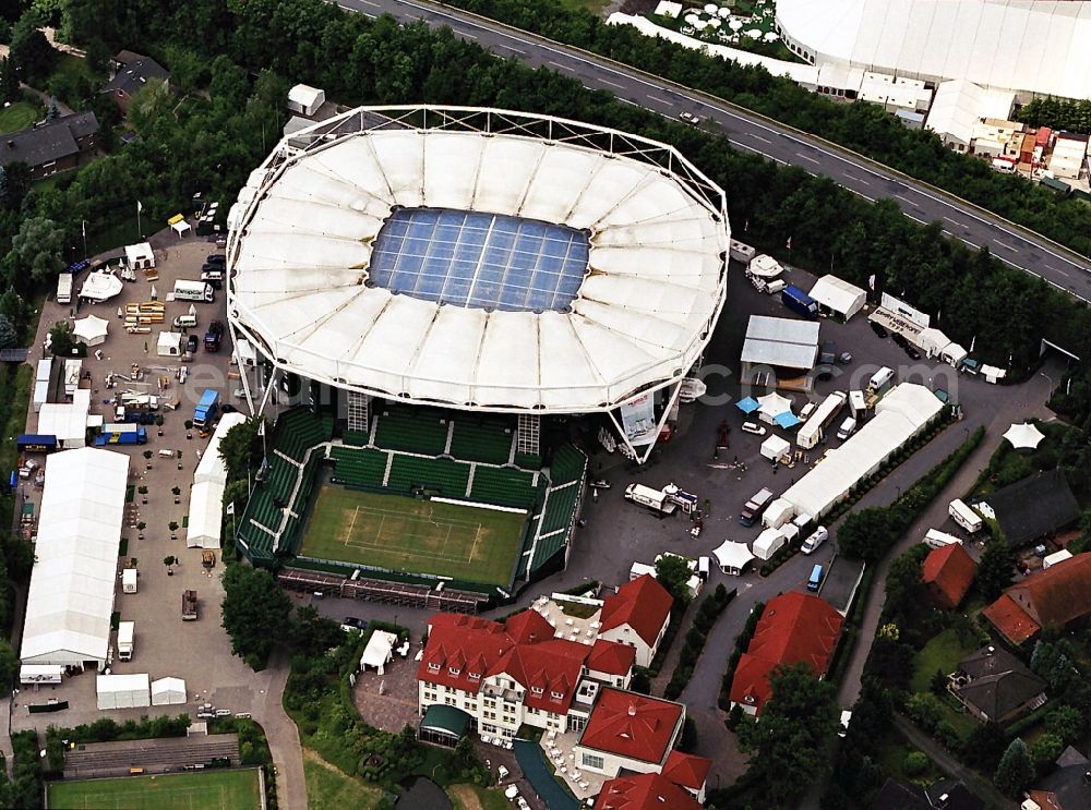 Halle / Westfalen from above - The Gerry Weber Stadium in Halle (Westfalen) is a multi-purpose arena. Originally designed for the ATP tennis tournament Gerry Weber Open lawn tennis stadium as a venue has a two part closeable roof in 88 seconds