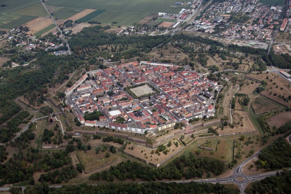 Neuf-Brisach from above - General view of the city and fortress Neuf-Brisach in France. The city was built by the military architect Prestre de Vauban together with his architect Jacques Tarade. They designed the city plan in the form of an octagon with a central parade ground and a chessboard-like road network as an ideal form of a fortress town
