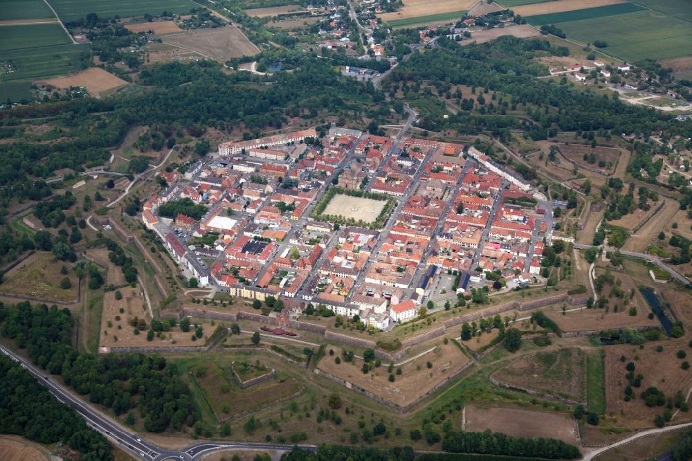Neuf-Brisach from the bird's eye view: General view of the city and fortress Neuf-Brisach in France. The city was built by the military architect Prestre de Vauban together with his architect Jacques Tarade. They designed the city plan in the form of an octagon with a central parade ground and a chessboard-like road network as an ideal form of a fortress town