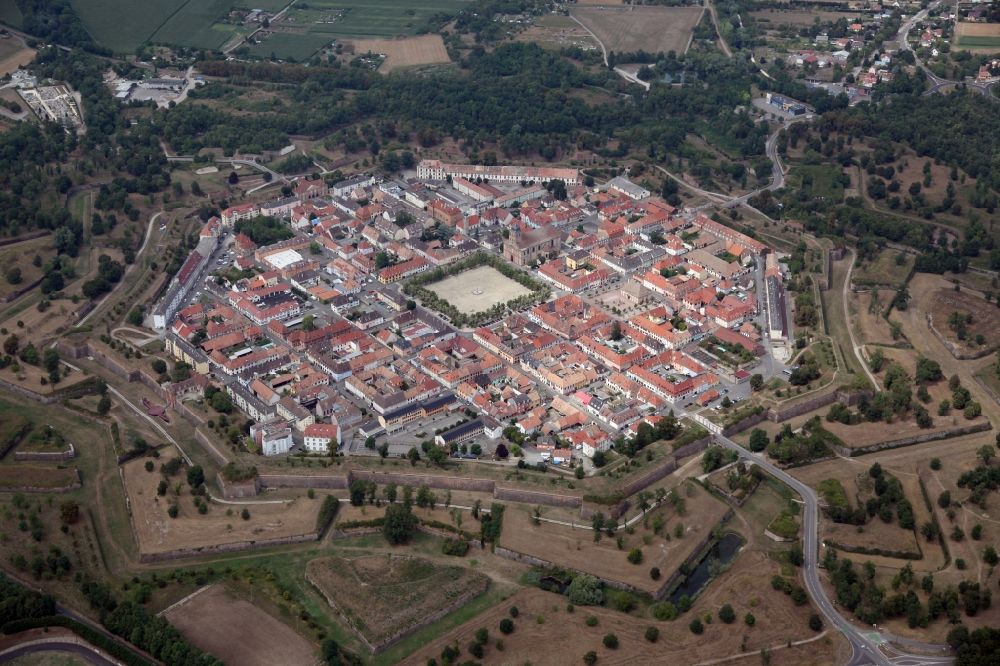Aerial image Neuf-Brisach - General view of the city and fortress Neuf-Brisach in France. The city was built by the military architect Prestre de Vauban together with his architect Jacques Tarade. They designed the city plan in the form of an octagon with a central parade ground and a chessboard-like road network as an ideal form of a fortress town