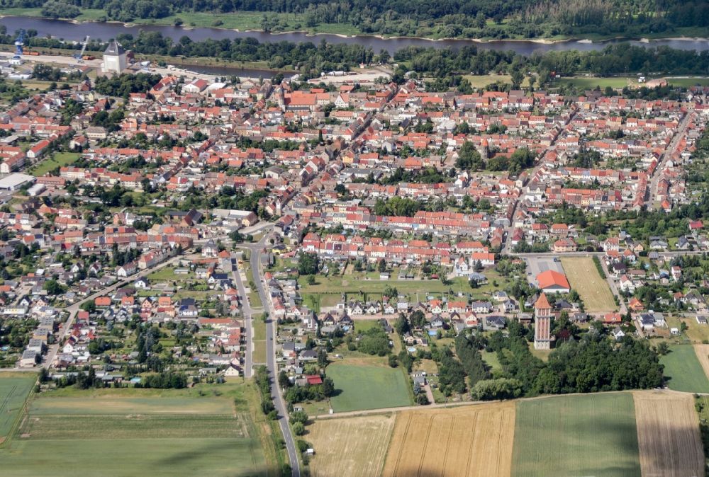 Aken from above - City area with outside districts and inner city area in Aken in the state Saxony-Anhalt, Germany