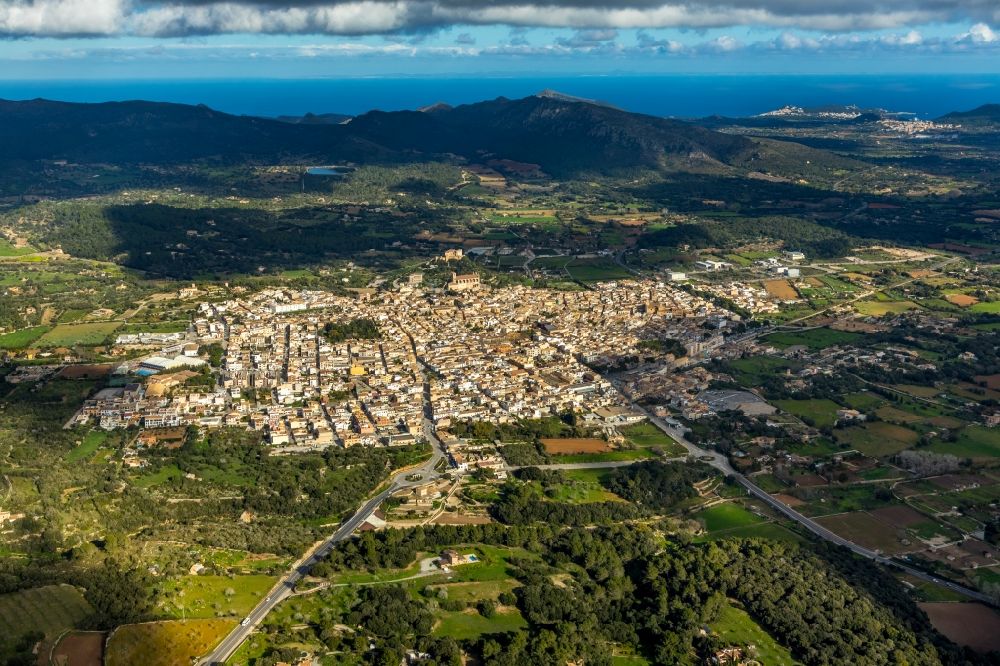 Arta from the bird's eye view: City area with outside districts and inner city area in Arta in Balearische Insel Mallorca, Spain