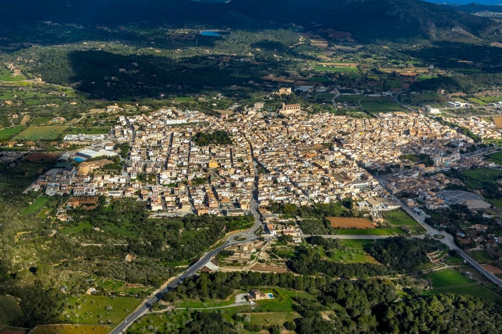 Aerial image Arta - City area with outside districts and inner city area in Arta in Balearische Insel Mallorca, Spain