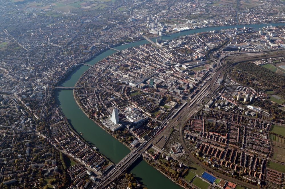 Aerial image Basel - City area and inner city area with river Rhine in Basle, Switzerland