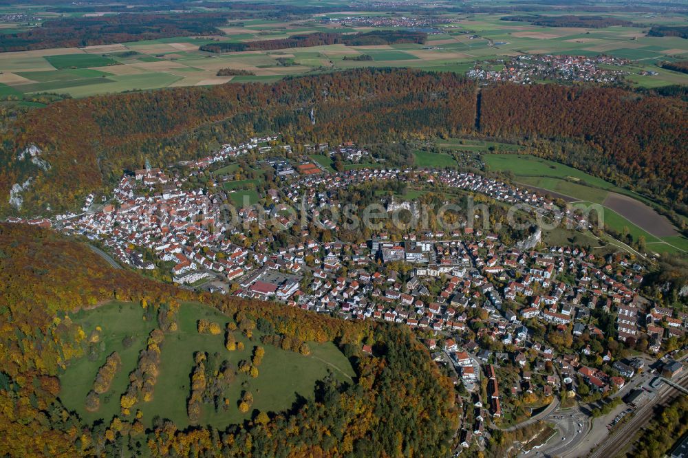 Blaubeuren from above - City area with outside districts and inner city area in Blaubeuren in the state Baden-Wuerttemberg, Germany