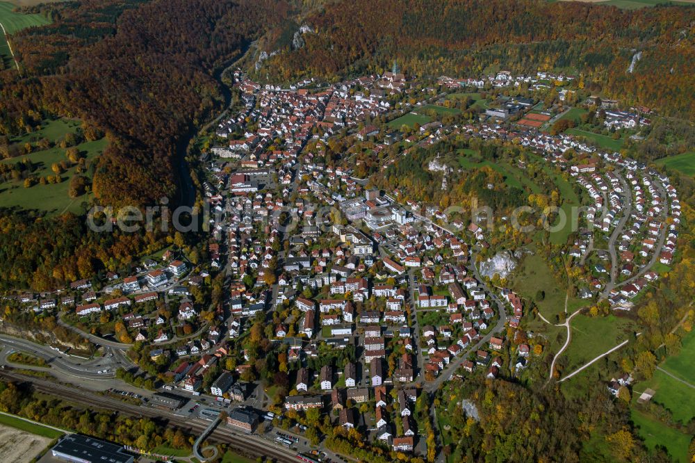 Blaubeuren from the bird's eye view: City area with outside districts and inner city area in Blaubeuren in the state Baden-Wuerttemberg, Germany