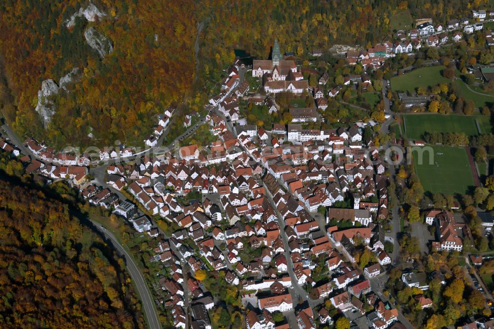 Blaubeuren from above - City area with outside districts and inner city area in Blaubeuren in the state Baden-Wuerttemberg, Germany