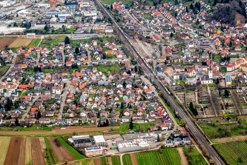 Denzlingen from above - City area with outside districts and inner city area in Denzlingen in the state Baden-Wurttemberg, Germany