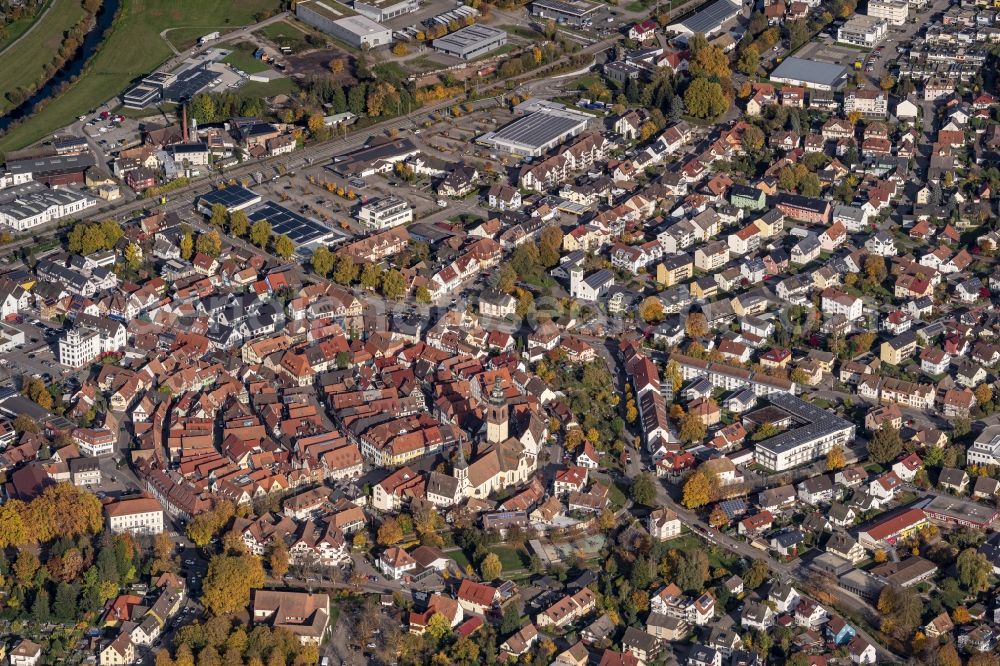 Haslach im Kinzigtal from above - City area with outside districts and inner city area in Haslach im Kinzigtal in the state Baden-Wuerttemberg, Germany