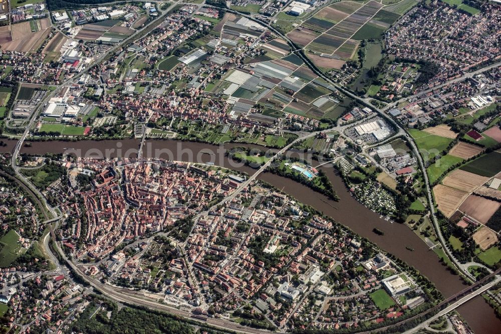 Aerial photograph Kitzingen - City area with outside districts and inner city area in Kitzingen in the state Bavaria, Germany