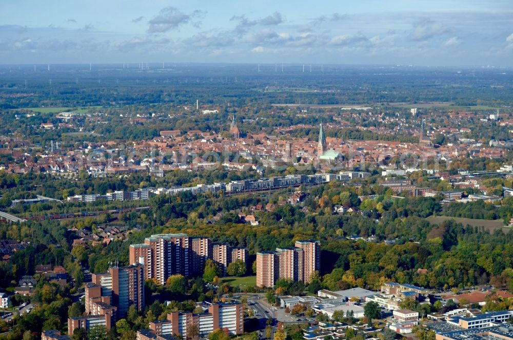Lüneburg from above - City area with outside districts and inner city area in Lueneburg in the state Lower Saxony, Germany