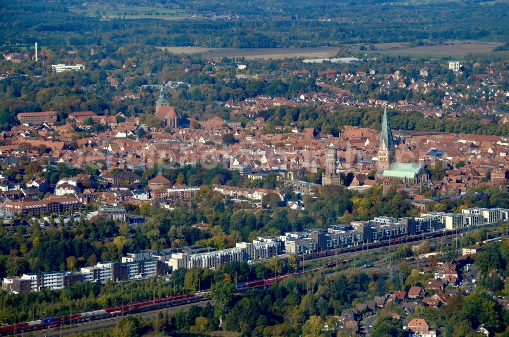 Lüneburg from the bird's eye view: City area with outside districts and inner city area in Lueneburg in the state Lower Saxony, Germany