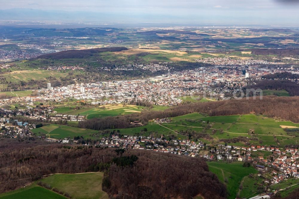Aerial image Lörrach - City area with outside districts and inner city area in Loerrach in the state Baden-Wuerttemberg, Germany