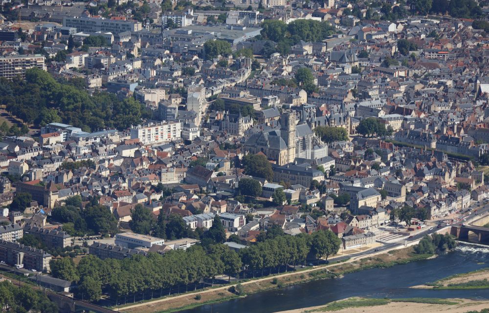 Nevers from above - City area with outside districts and inner city area in Nevers in Bourgogne-Franche-Comte, France