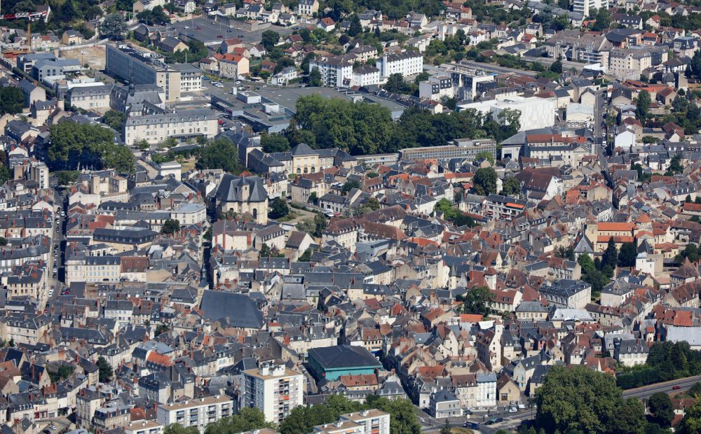 Nevers from the bird's eye view: City area with outside districts and inner city area in Nevers in Bourgogne-Franche-Comte, France
