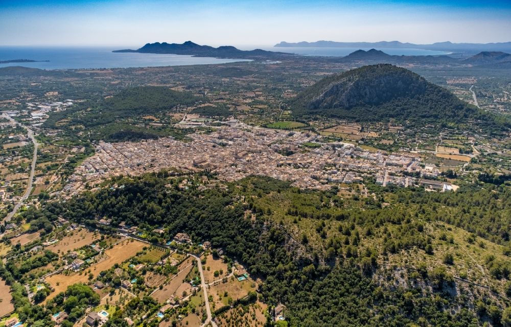Pollenca from the bird's eye view: City area with outside districts and inner city area in Pollenca in Balearische Insel Mallorca, Spain