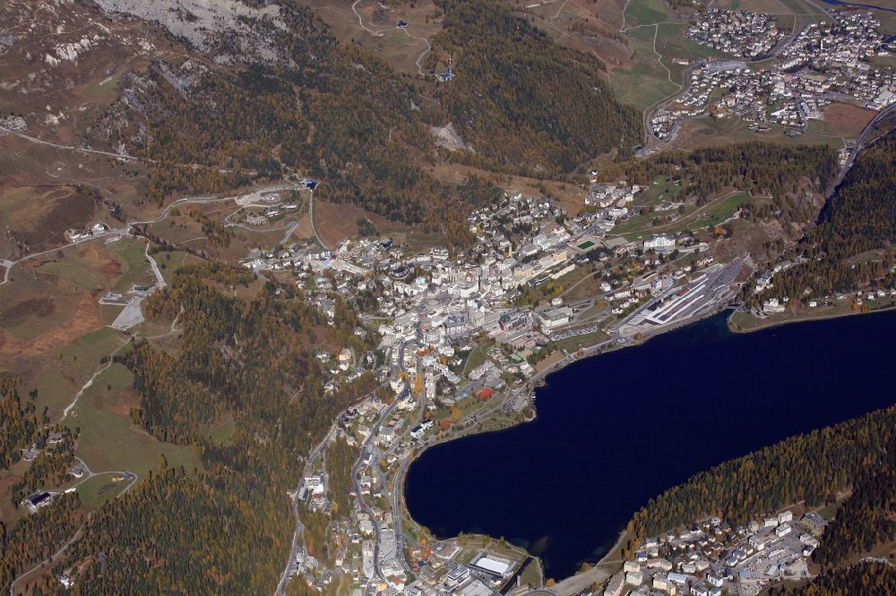 Sankt Moritz from above - City area with outside districts and inner city area in Sankt Moritz in the canton Graubuenden, Switzerland
