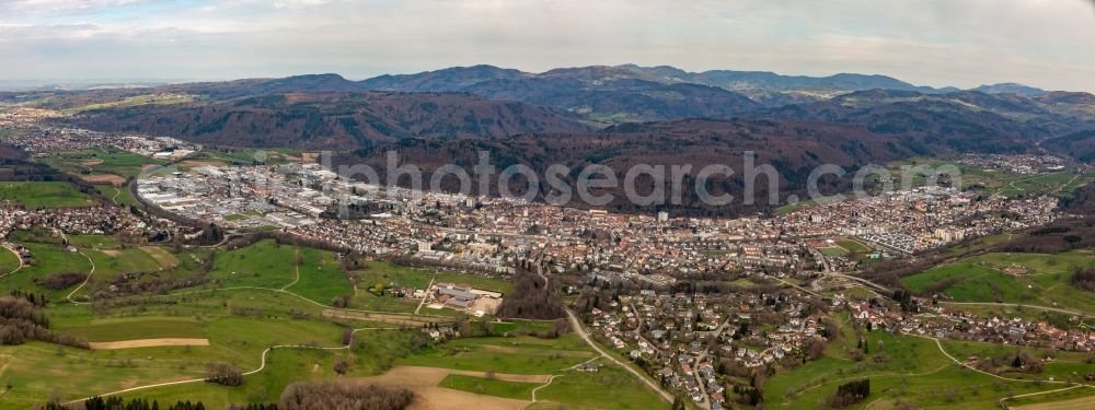 Schopfheim from the bird's eye view: City area with outside districts and inner city area in Schopfheim in the state Baden-Wuerttemberg, Germany