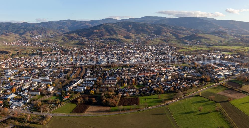 Aerial image Bühl - City area with outside districts and inner city area in Buehl in front of the black forest in the state Baden-Wurttemberg, Germany