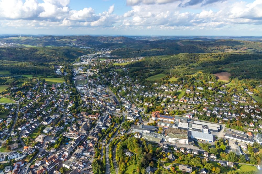Sundern (Sauerland) from the bird's eye view: City area with outside districts and inner city area in Sundern (Sauerland) in the state North Rhine-Westphalia, Germany