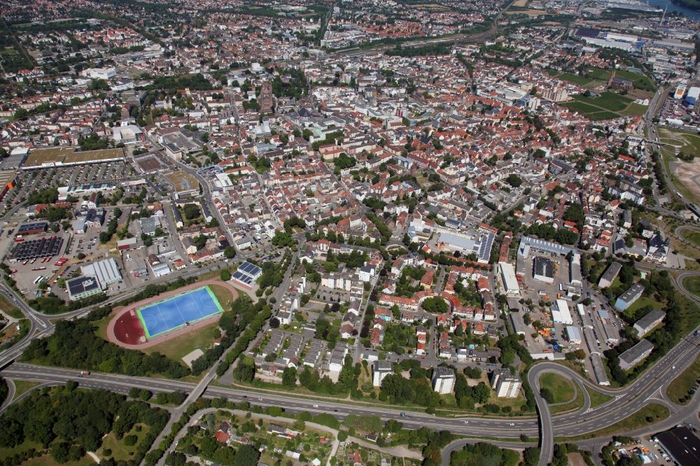 Worms from above - City area with outside districts and inner city area in Worms in the state Rhineland-Palatinate, Germany. In the foreground the federal road B9