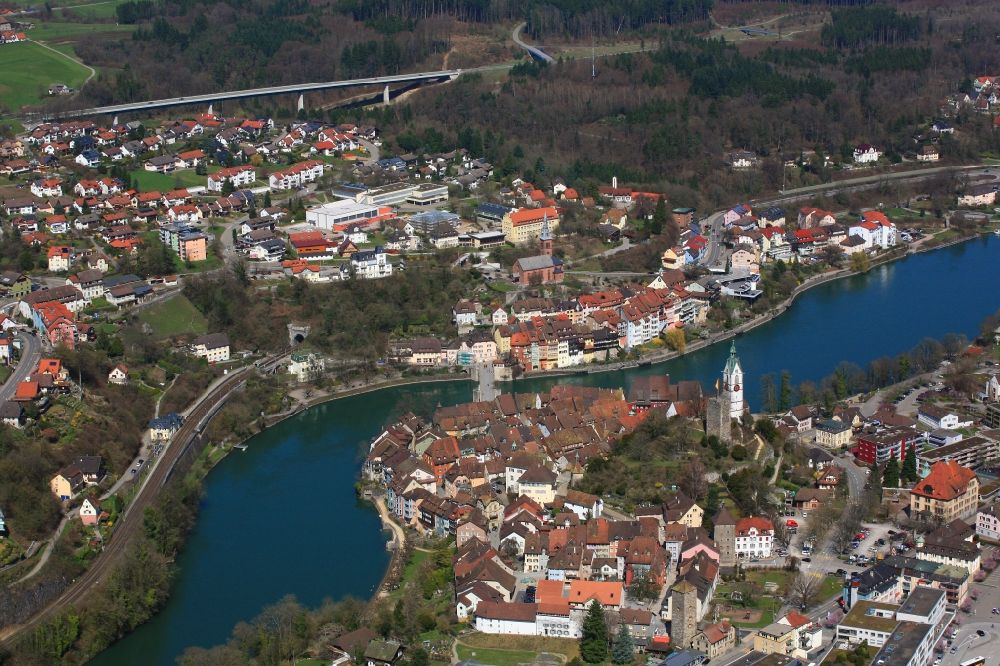 Laufenburg from above - City area with outside districts and inner city area in Laufenburg in the canton Aargau, Switzerland and in Germany